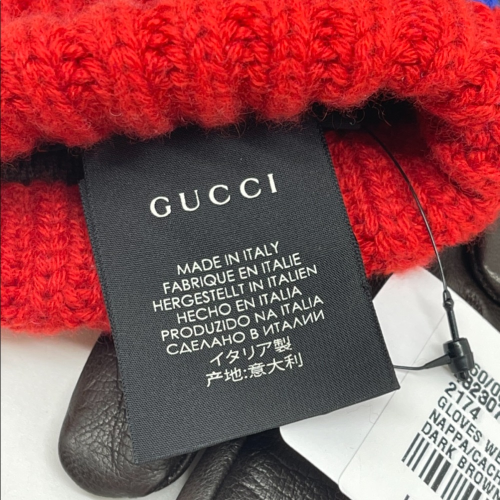 Gucci New Dark Brown Leather Web Signature Lambskin Cashmere Men’s Gloves - Picture 9 of 10